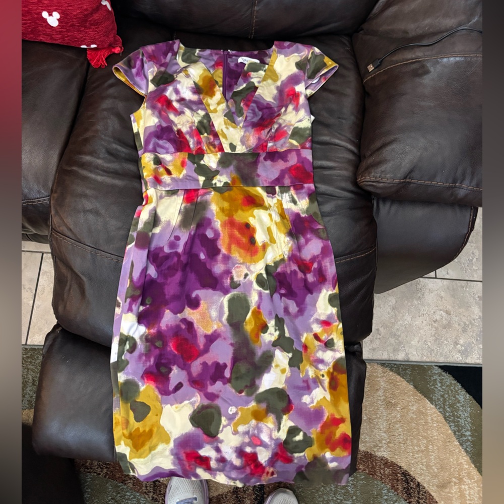 Calvin Klein Purple, Yellow & Green Watercolor Floral Dress